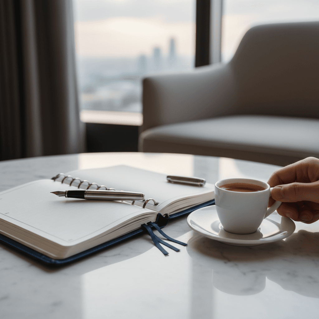 高級感のあるレザースケジュール帳と万年筆、そして一杯のコーヒーが置かれた大理石のテーブル。