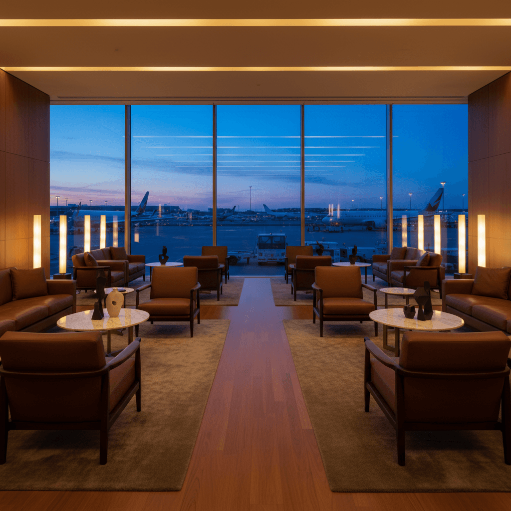 高級感あふれる空港ラウンジのインテリア。落ち着いた照明とレザーのソファ、窓の外には駐機中の飛行機が見える。