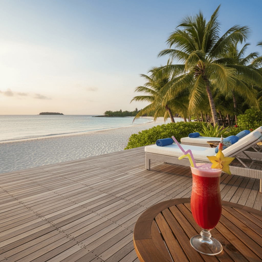 白い砂浜と青い海が見えるリゾート地のテラス。テーブルの上には冷たい飲み物が置かれている。