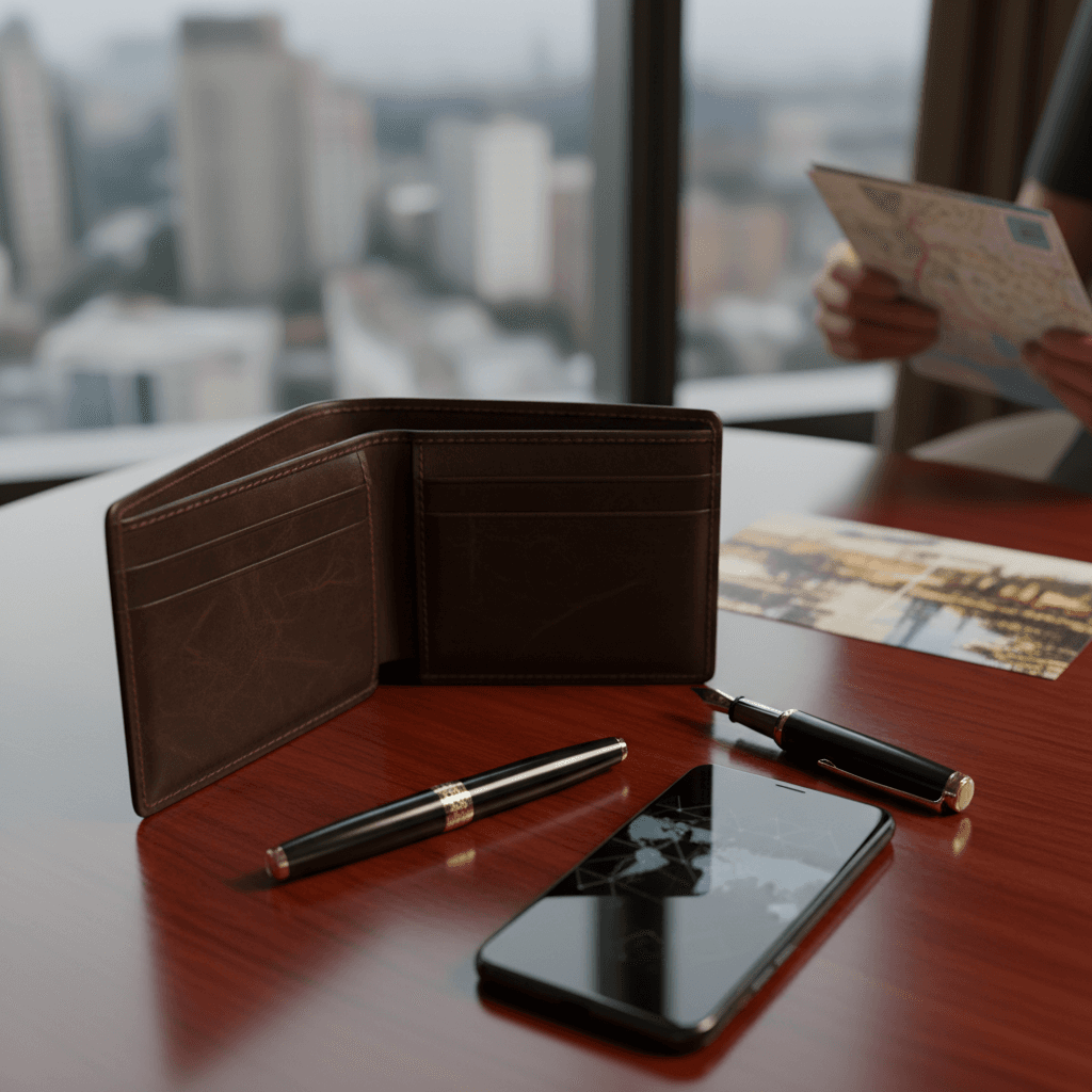 洗練されたビジネスアイテムとスマートフォンのある風景
