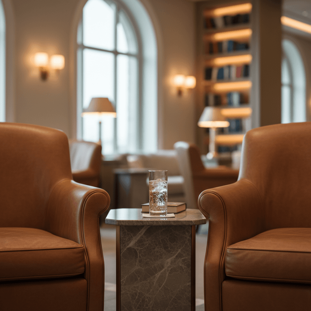 高級感のある空港ラウンジの静かな一角。上質なレザーソファと、整然と並んだシャンパングラス。
