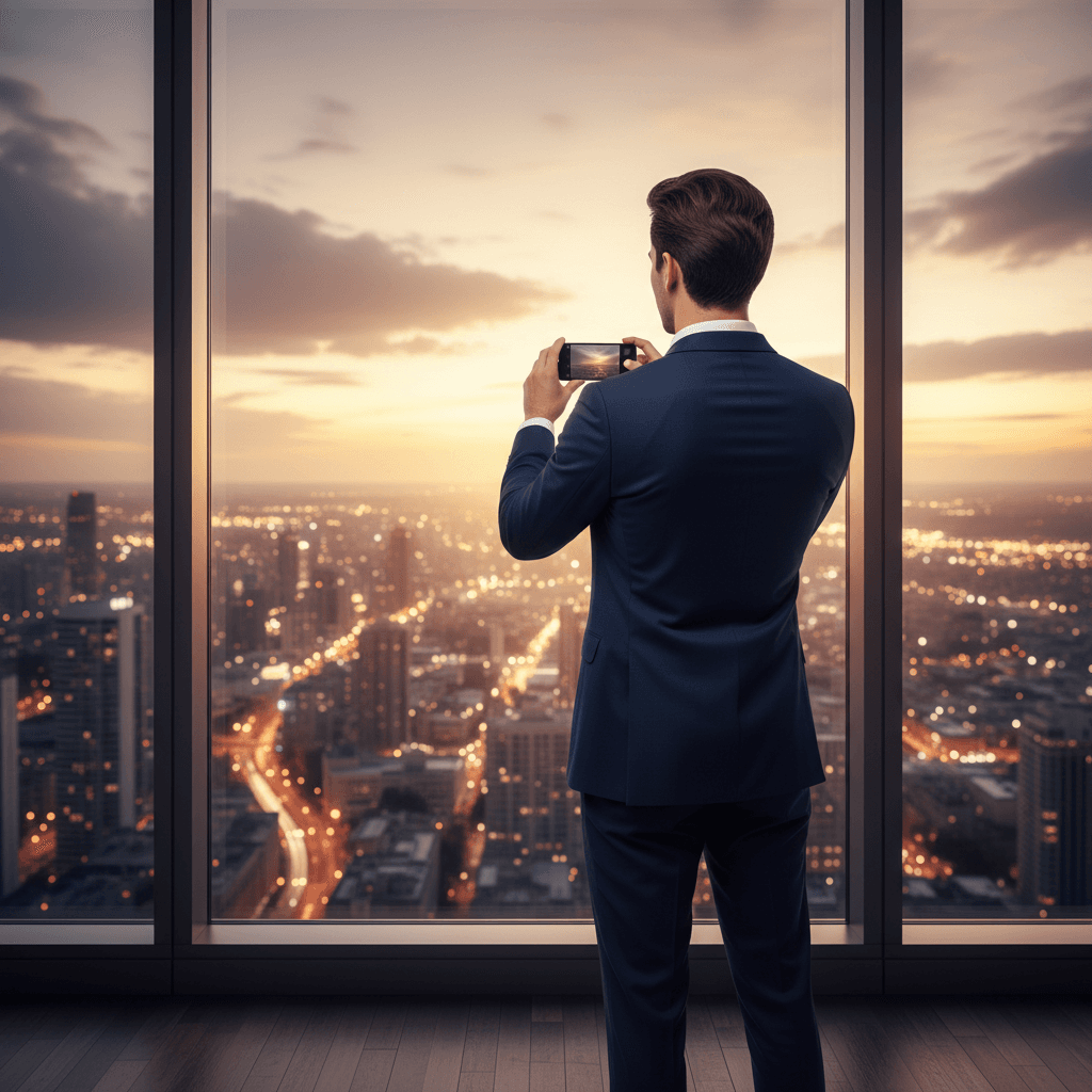 都会の夜景をバックに、窓際でスマートフォンを操作する20代のビジネスパーソンの後ろ姿。洗練されたスーツを着用し、知的な雰囲気が漂う。
