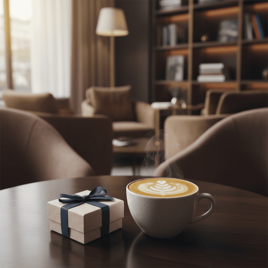都会的なカフェのテーブルに置かれた、一杯のカフェラテと小さなギフトボックス。