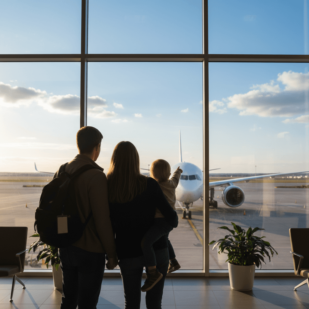 空港の窓から飛行機を眺める家族の背中