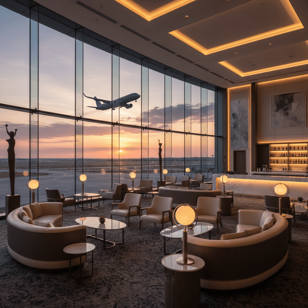洗練された空港ラウンジから望む滑走路の風景