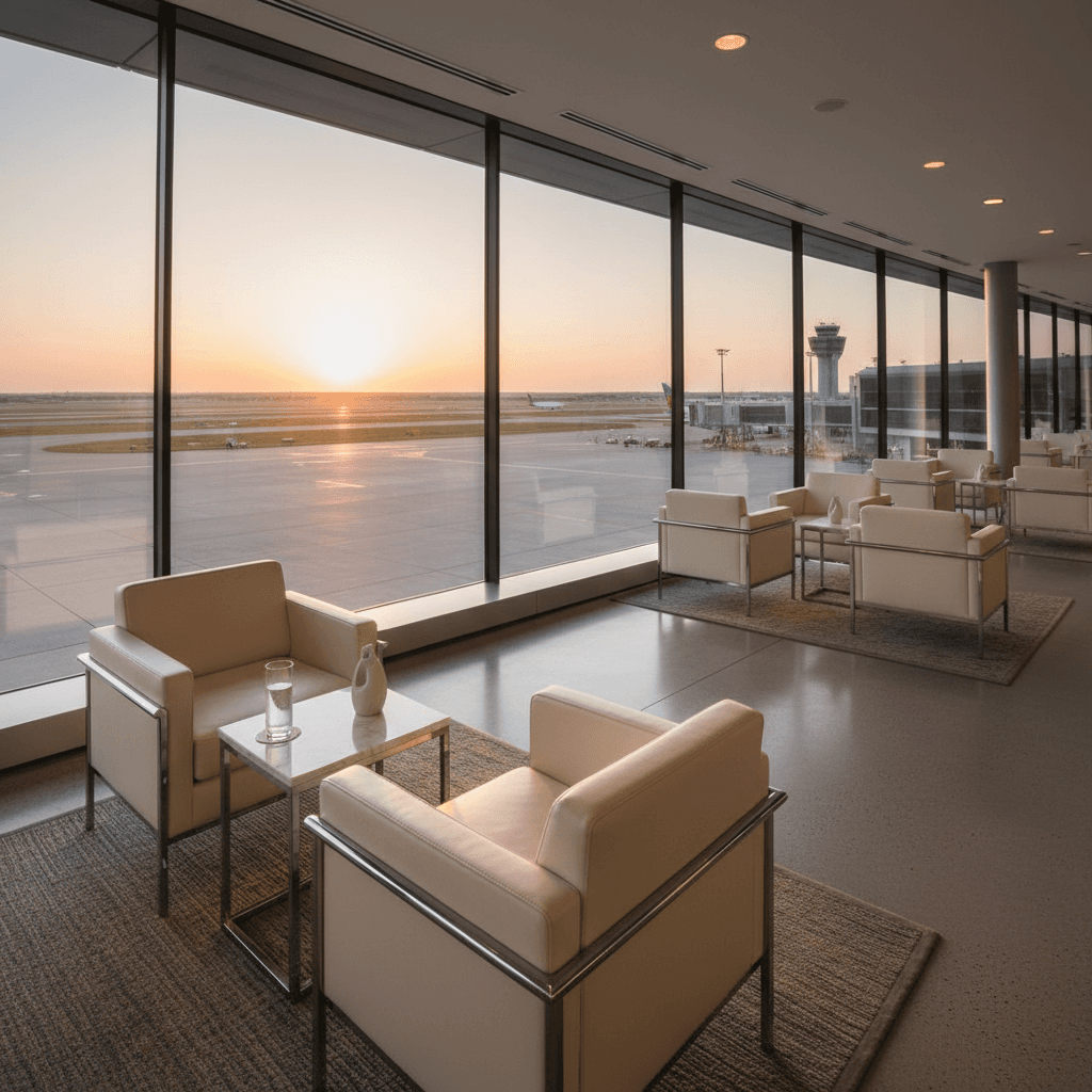 夕暮れ時の滑走路を一望できる、静寂に包まれた高級感のある空港ラウンジのインテリア。