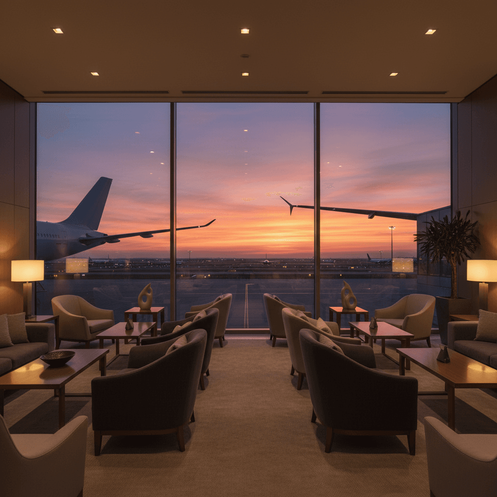 高級感のある空港ラウンジの窓から見える飛行機の尾翼と夕暮れの空。