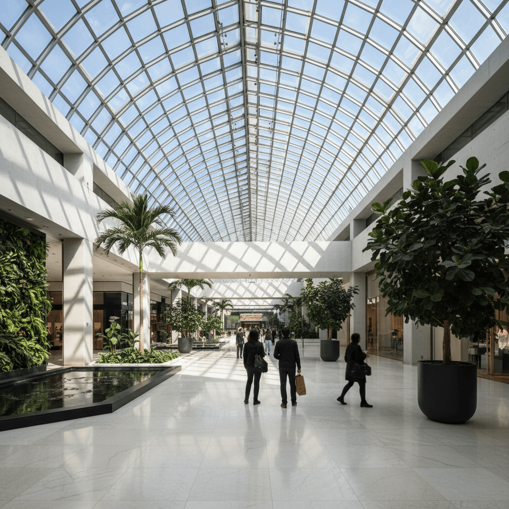モダンで開放的な大型ショッピングモールの内観。高い吹き抜けと自然光が差し込む洗練された空間。