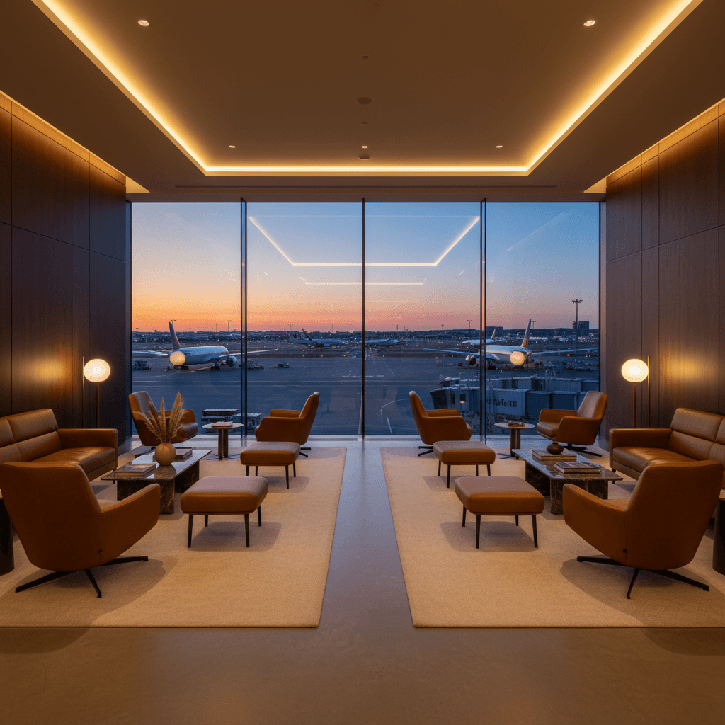 静寂に包まれた高級感のある空港ラウンジのインテリア