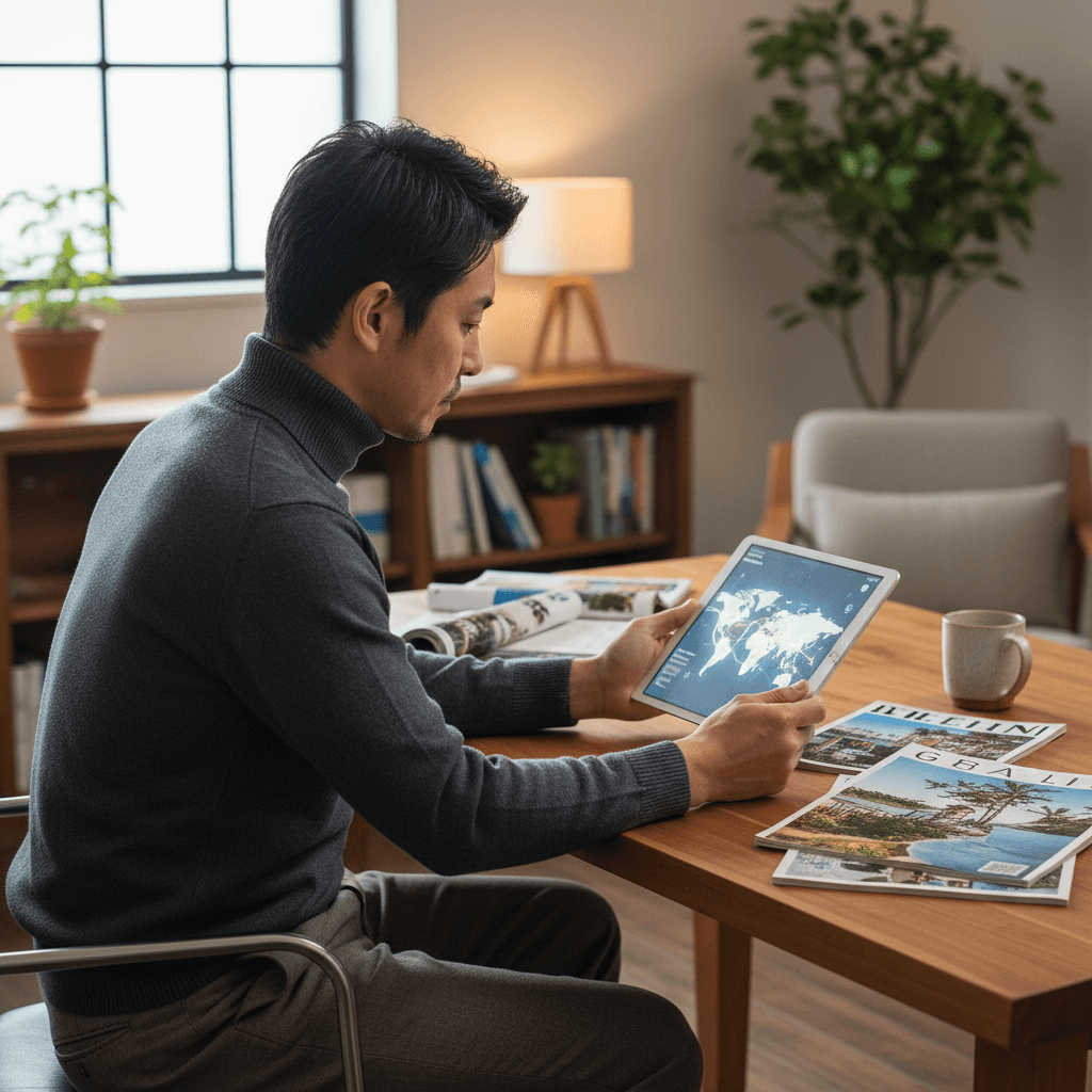 落ち着いた書斎で旅行の計画を立てる30代の父親の横顔