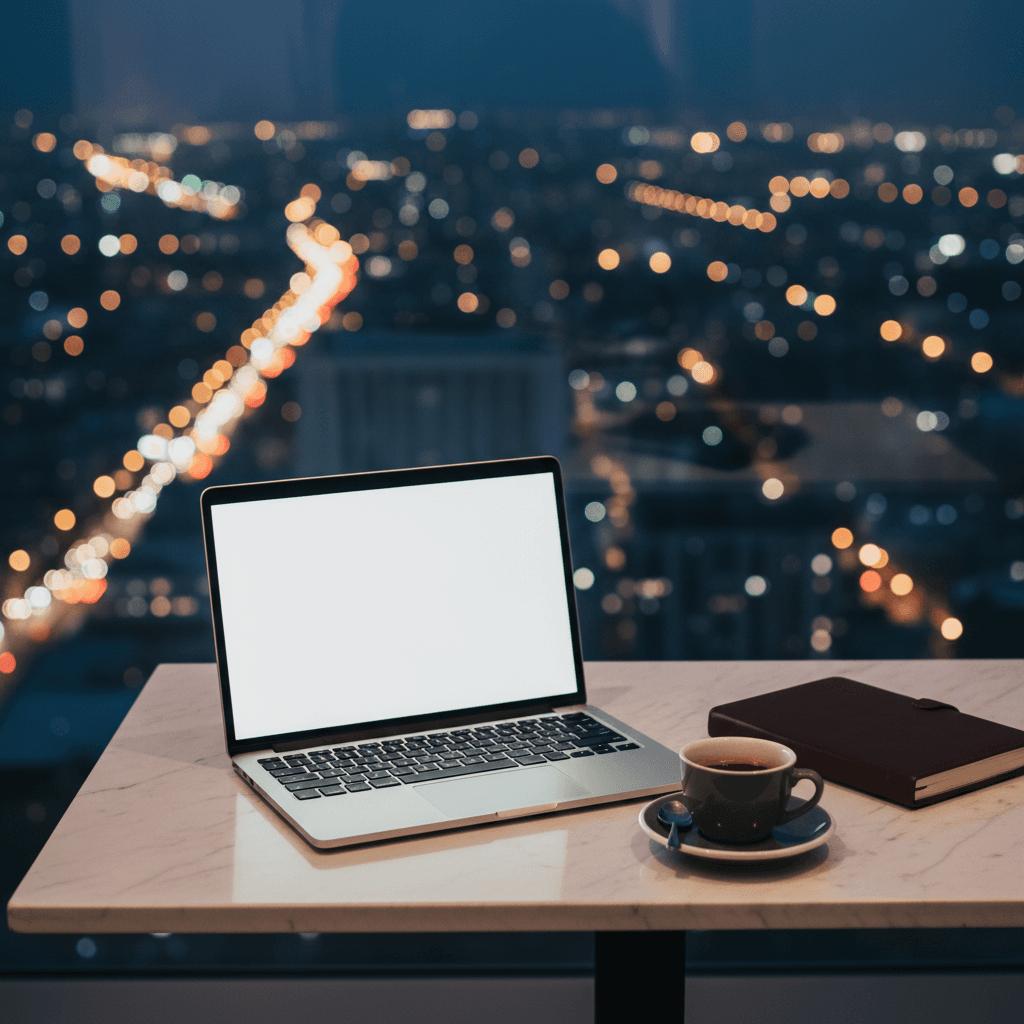 高級感のある大理石のデスクに置かれた、ノートパソコンとエスプレッソ、そして革の手帳。背景には高層ビルの夜景がぼやけて見える。