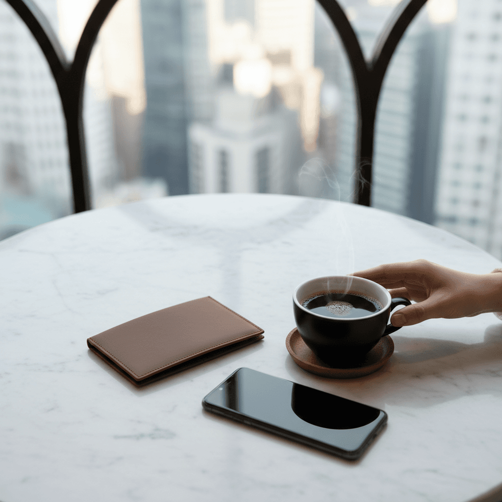 カフェのテーブルに置かれた、高級感のある財布とスマートフォン、コーヒーカップ。