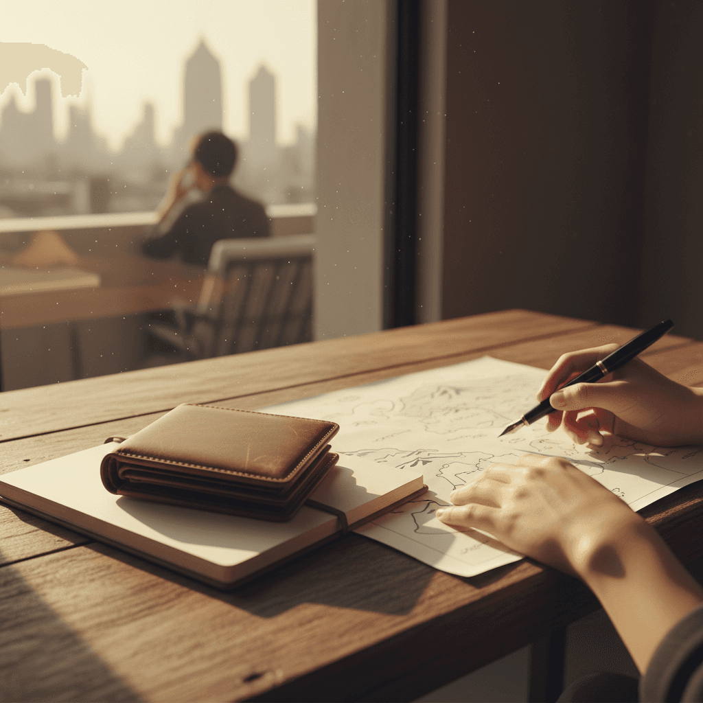 机の上でノートと財布を前に、真剣に将来の計画を立てる学生の様子。落ち着いた室内、柔らかな光。