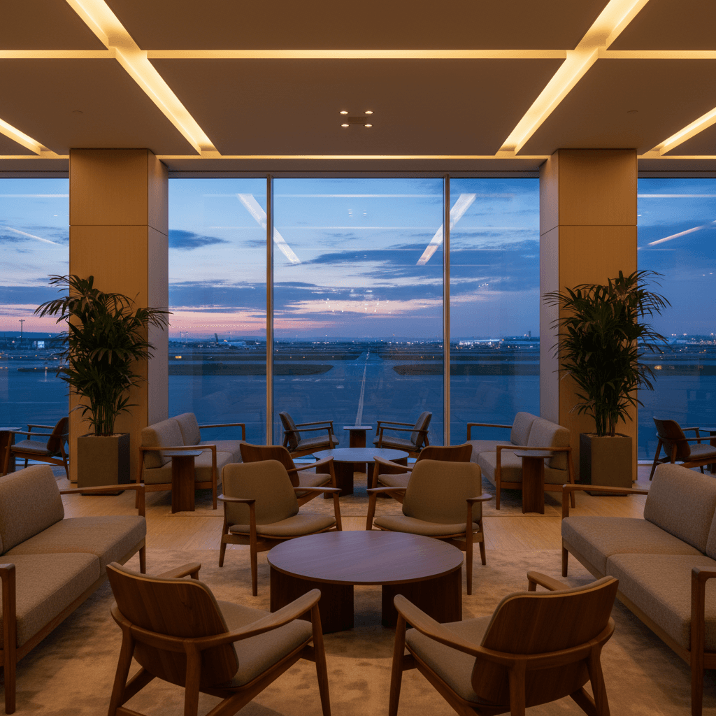 洗練された空港ラウンジの静かなインテリア。窓からは滑走路が見える