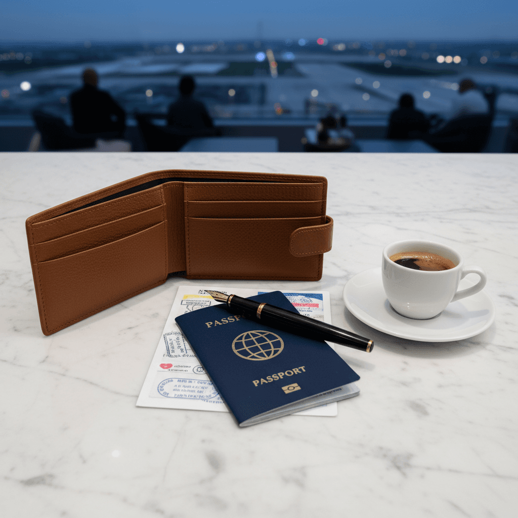 高級感のある革の財布とパスポート、万年筆が置かれた大理石のテーブル。