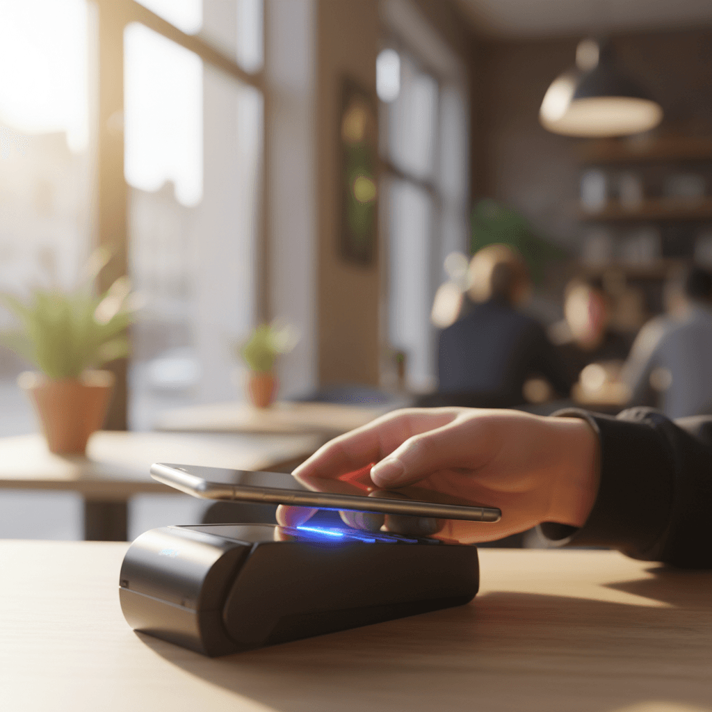 カフェでスマートフォン決済を利用する若者の手元