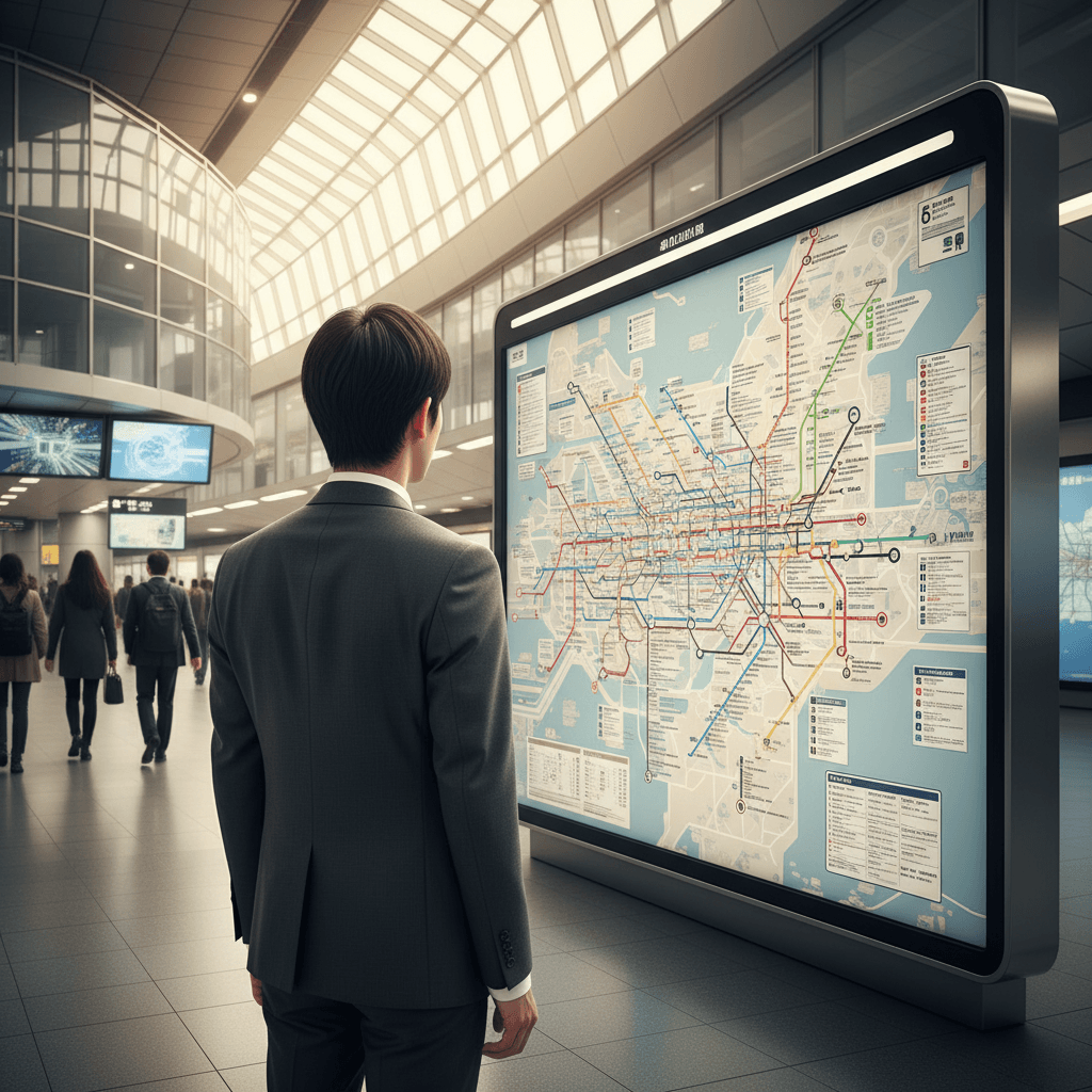 東京の地下鉄路線図を眺める新社会人の後ろ姿