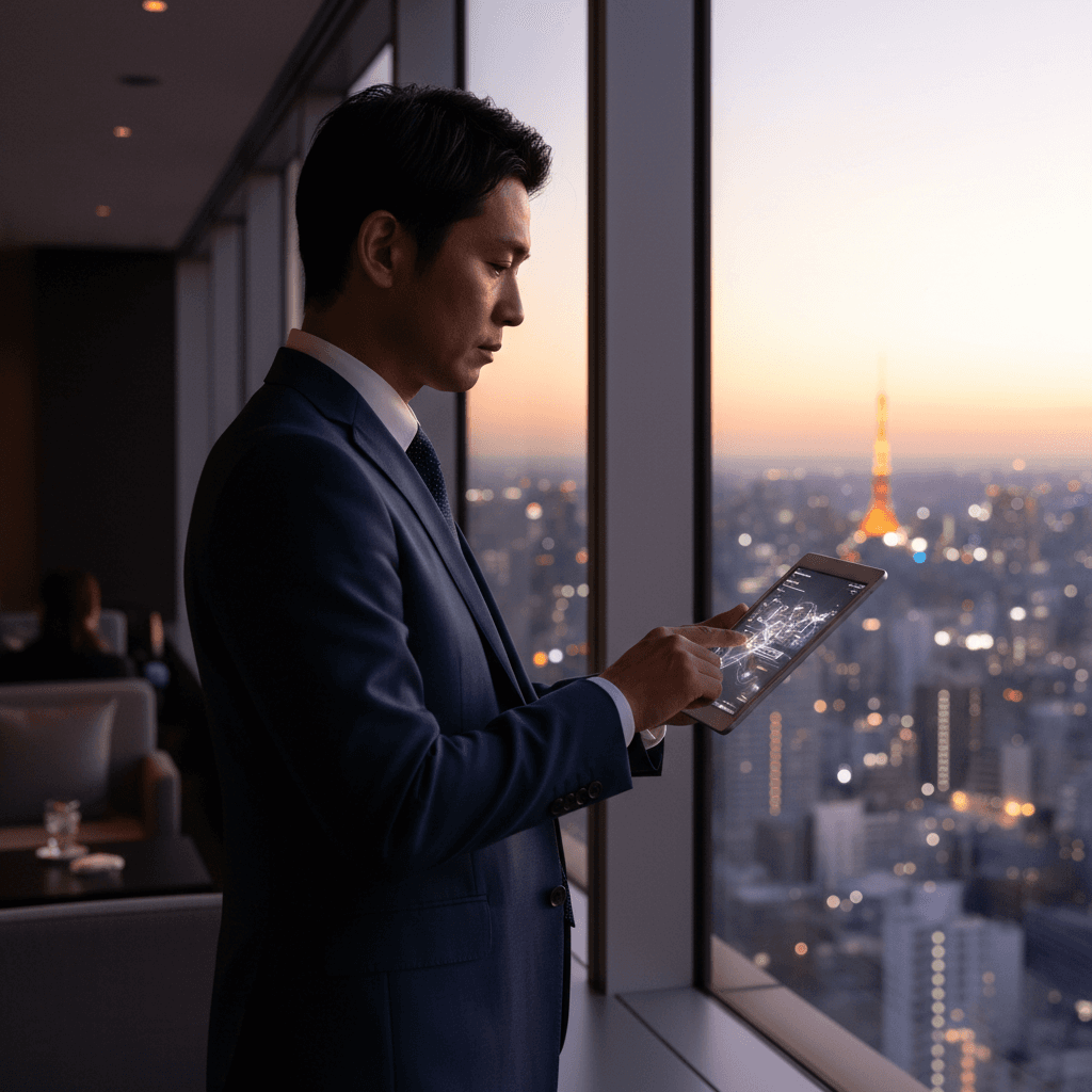 東京の夜景をバックにタブレットを見る30代のビジネスパーソン。横顔で、集中している様子。