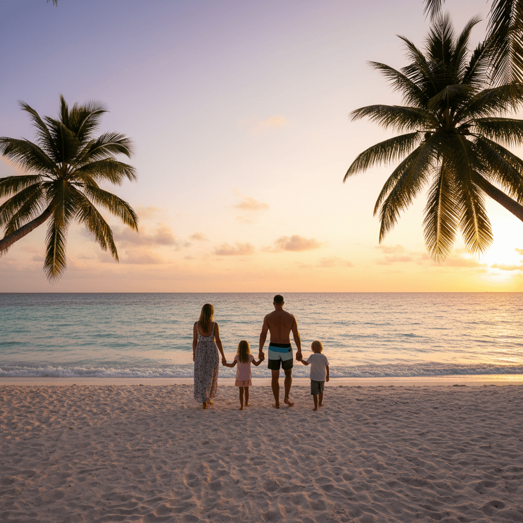 南国のビーチを歩く家族のバカンス風景。背後からのアングルで、穏やかな時間が流れている