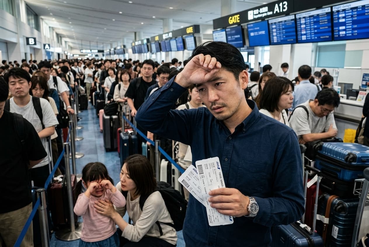 混雑する空港搭乗ゲートで疲弊する家族