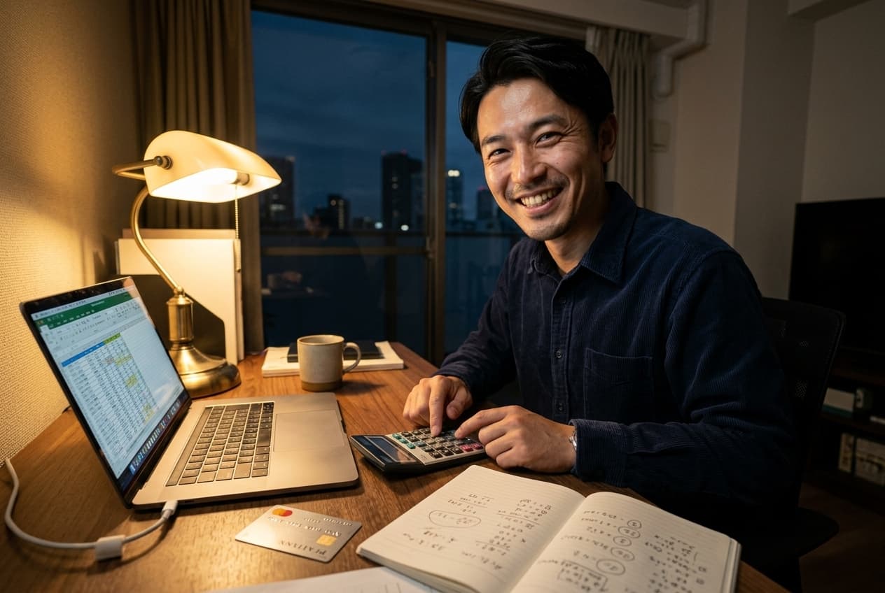 深夜の書斎で電卓を叩きながら決済の一元化を計画する様子