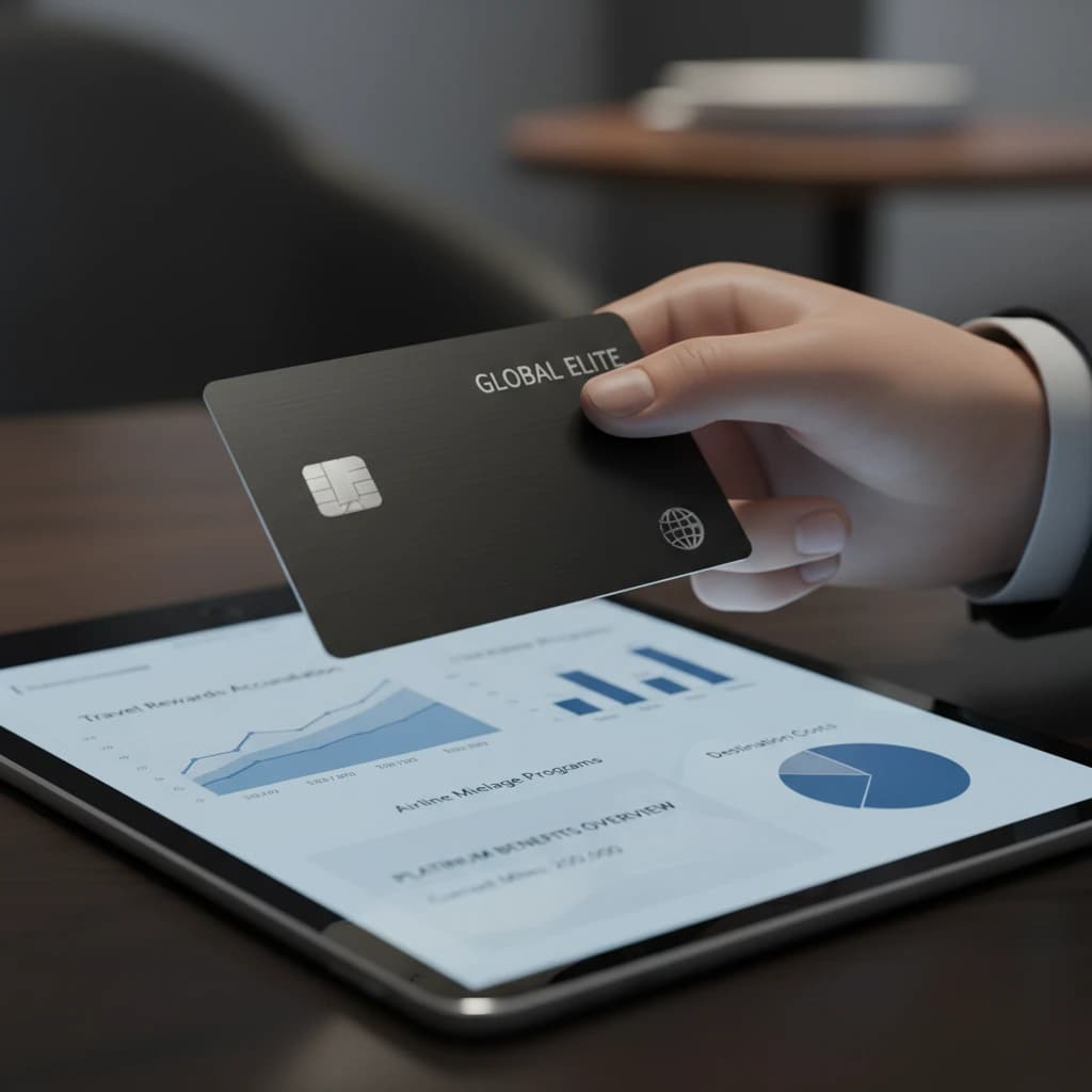 Keisuke comparing different high-end credit cards on his tablet, with a focus on ANA VISA Platinum Premium card features, looking satisfied with his research.