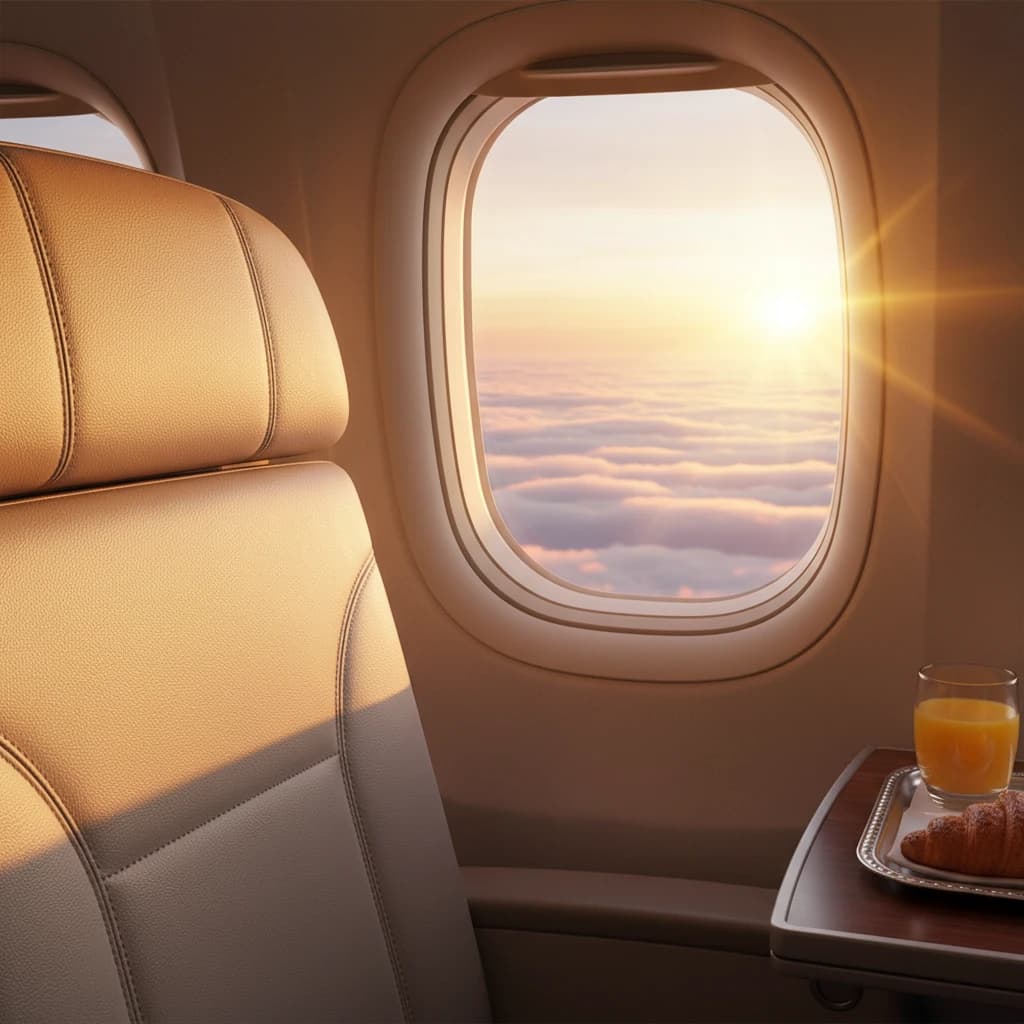 雲海の上を飛ぶ飛行機の窓から差し込む美しい朝焼け、ビジネスクラスのゆったりとした空間の雰囲気