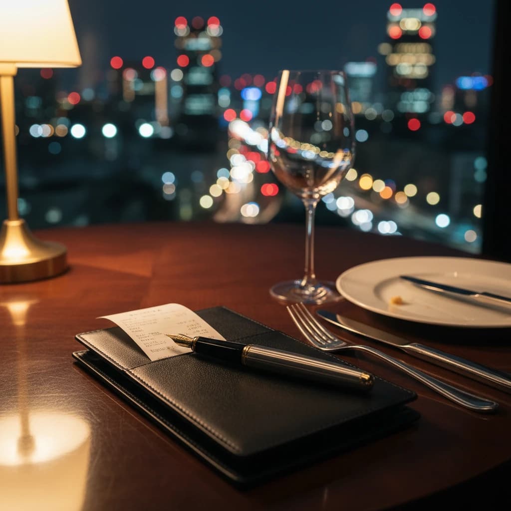 都会の夜景を望む高級レストランでの会食、テーブルに置かれた万年筆と伝票のシルエット
