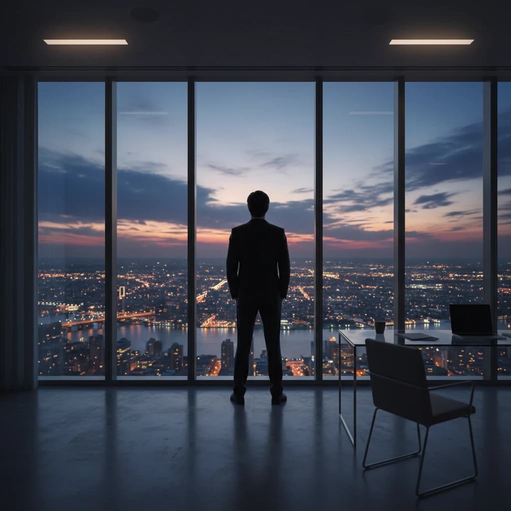 夕暮れの役員室、窓の外に広がる都会の夜景を静かに見つめる男性のシルエット