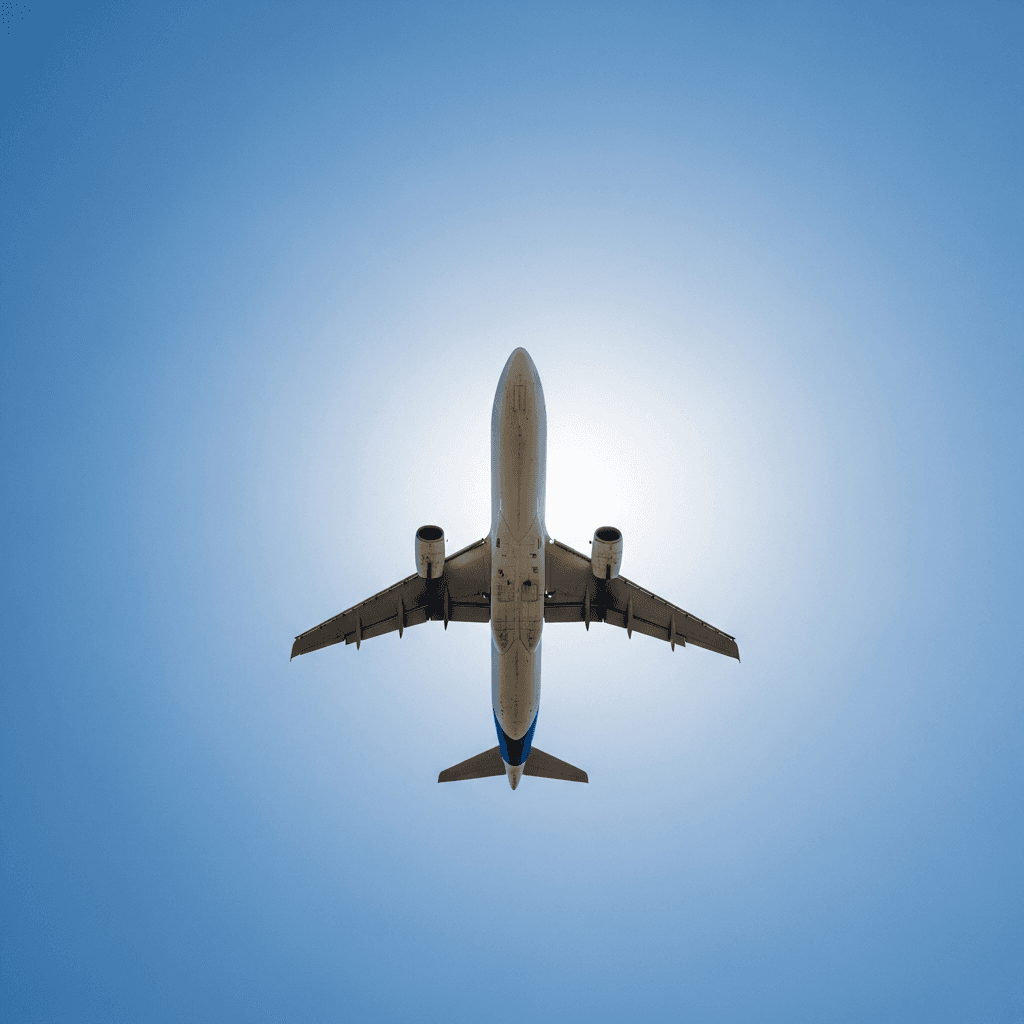 青空の下、翼を広げて上昇していく飛行機のシルエット