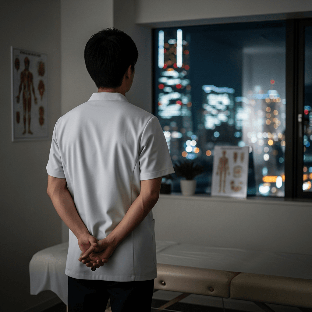 夜の整体院で一人、窓の外を眺めながら経営の将来を考える小宮拓也の後ろ姿