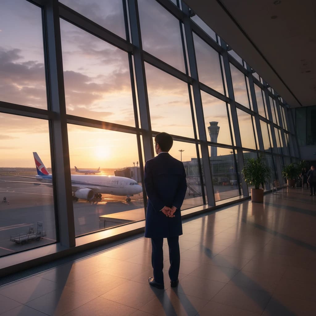 空港の出発ゲートで飛行機を眺める男性の後ろ姿。旅への期待と不安が入り混じっている。