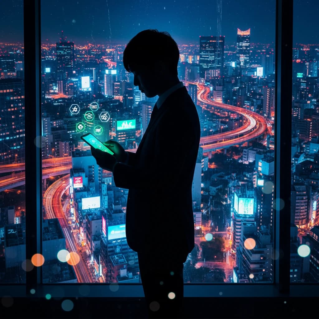 都会の夜景を背に、自身の歩むべき道を見つめる若者のシルエット