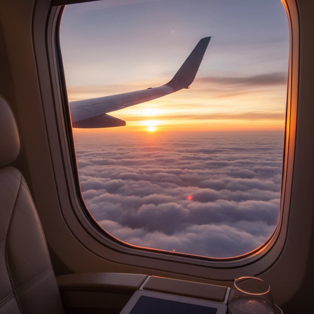 飛行機の窓から見える美しい夕焼けと翼