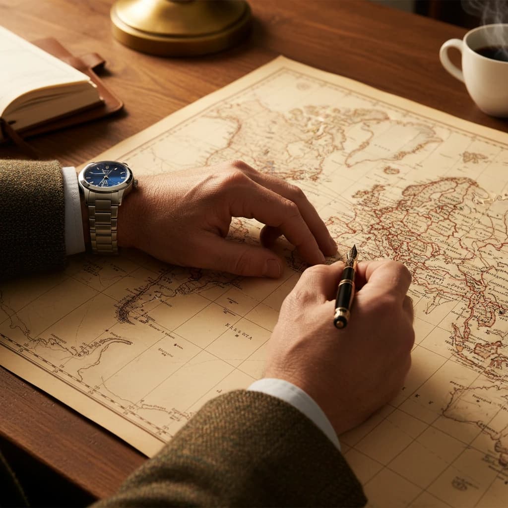 古い世界地図の上に置かれた万年筆と、旅の計画を練る手元