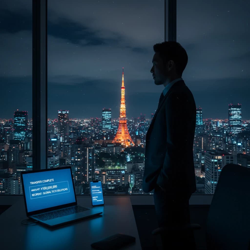 深夜のオフィスで決済を見つめる経営者のシルエット