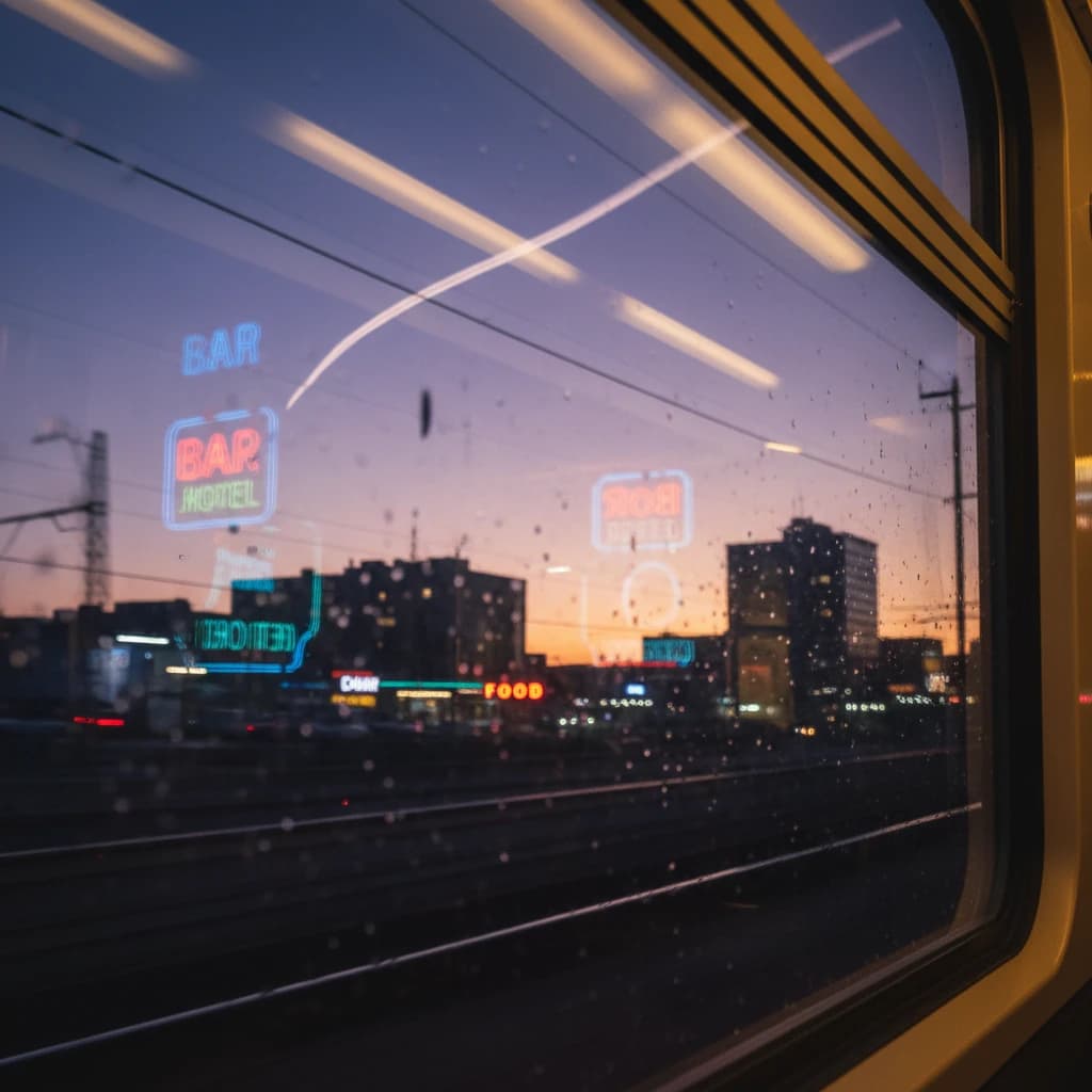 夕暮れの街を走る電車の窓に映る、遠くの空への憧れ