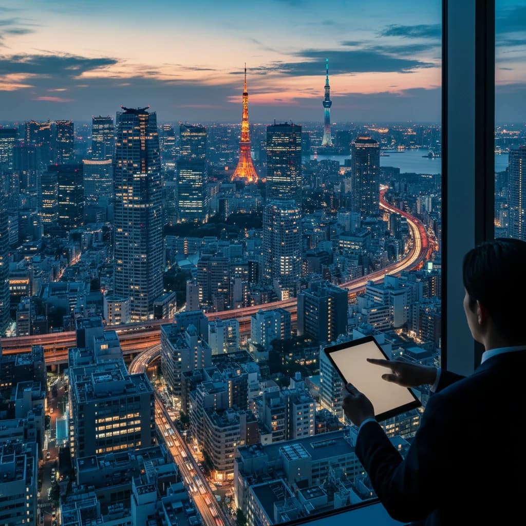 夕暮れ時の東京のビル群。洗練された都市生活と、効率的なビジネス環境をイメージ。