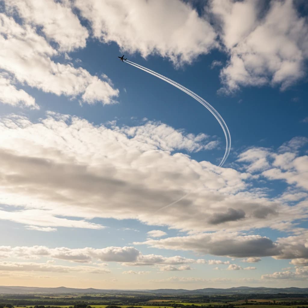 青空を背景に、遠くへ飛び去る飛行機のシルエット。自由な旅を象徴する風景。