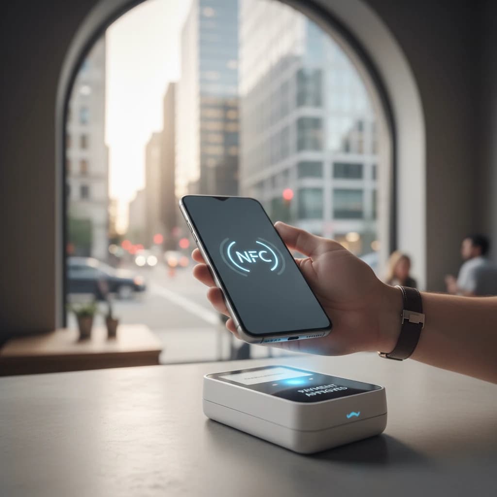 都会のビル群を背景に、スマートフォンでスマートに決済を済ませる手元