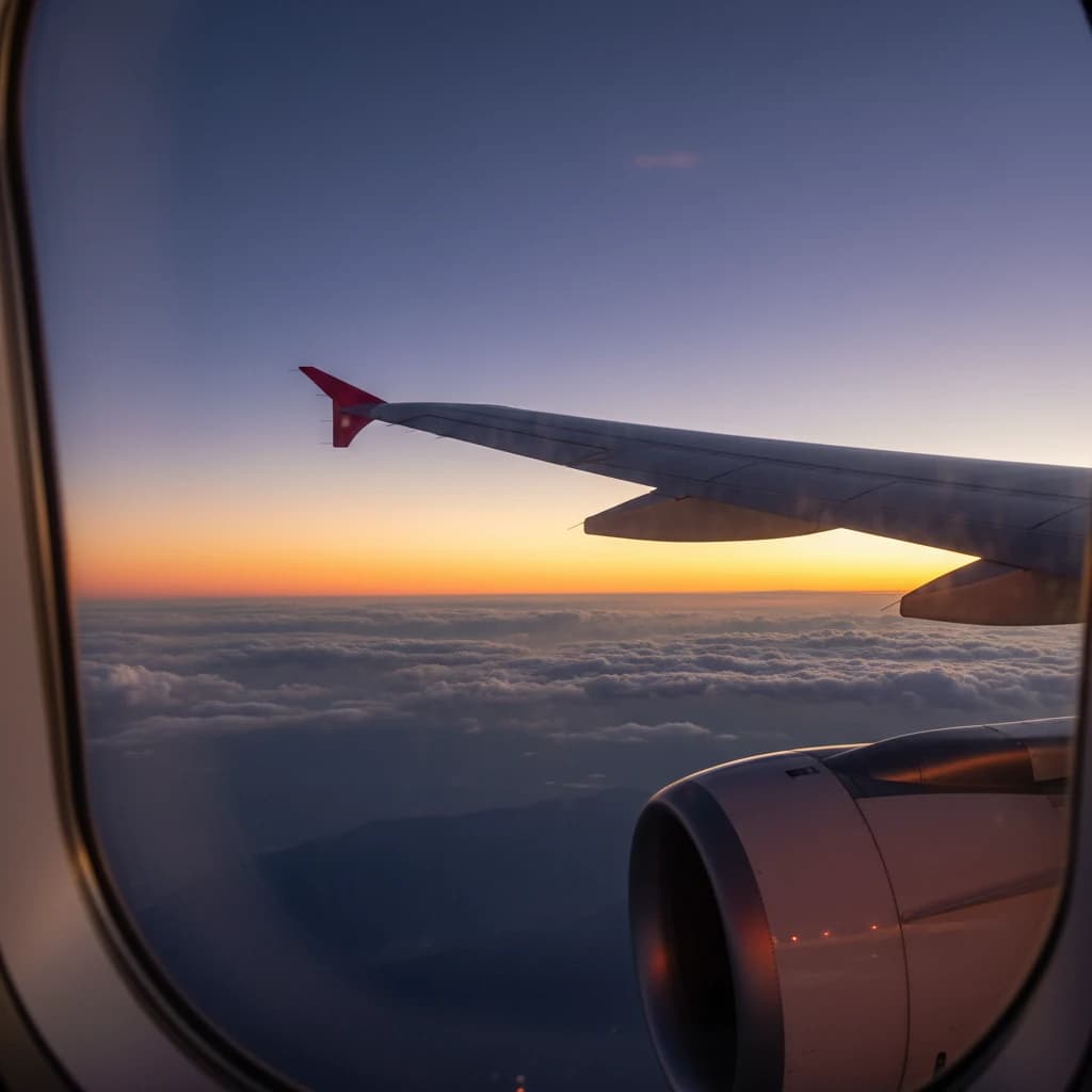 雲海の上を飛ぶ旅客機の翼、静寂と自由の象徴