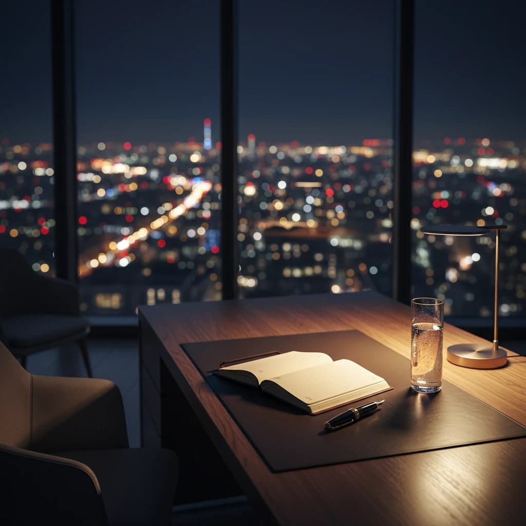 洗練されたエグゼクティブの書斎。窓の外には夜の都会のビル群が見え、デスクには高級な万年筆と革のノートが置かれている。