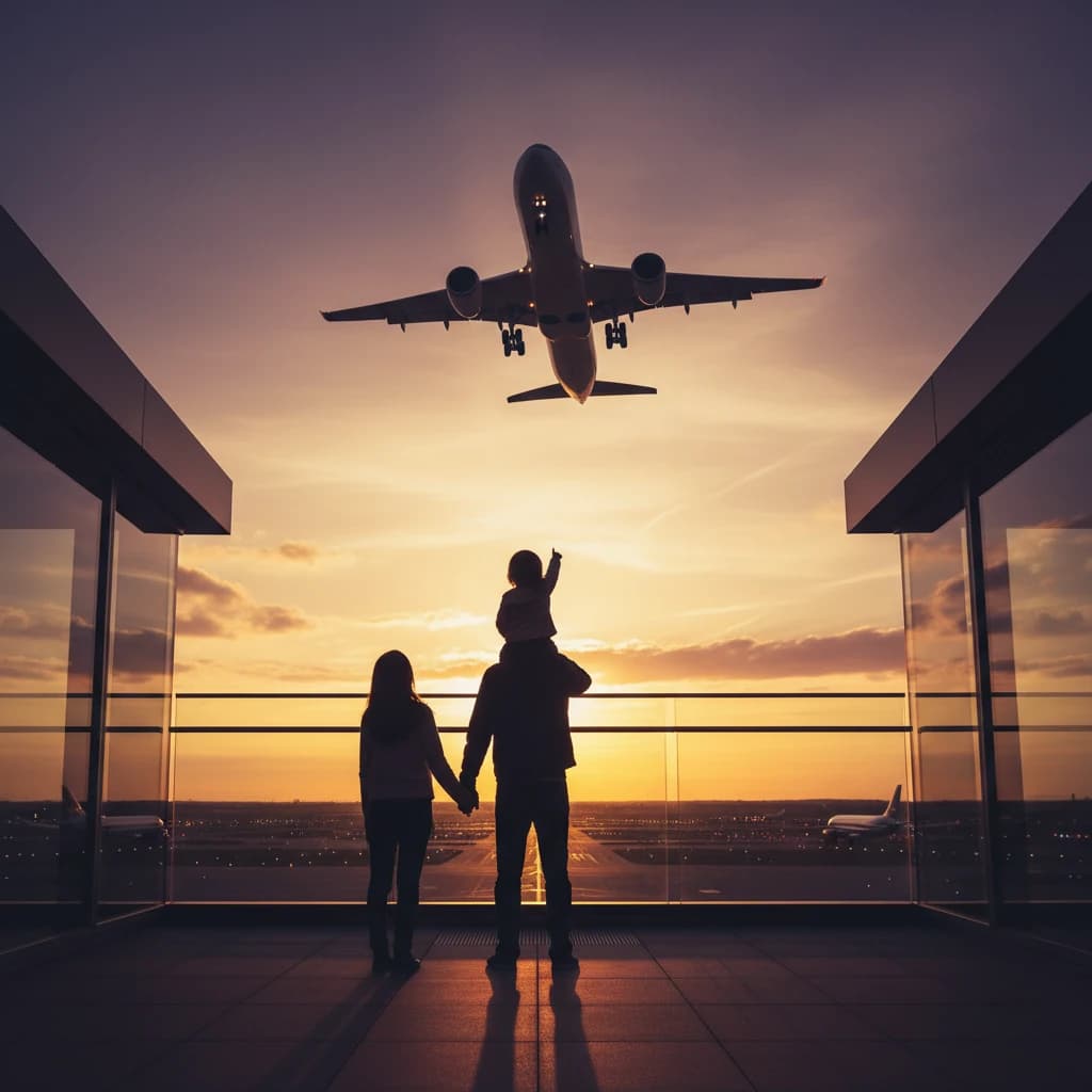 夕暮れ時の空港の展望デッキで、飛び立つ大きな飛行機を指差しながら眺める家族3人のシルエット。感動的でシネマティックな雰囲気。