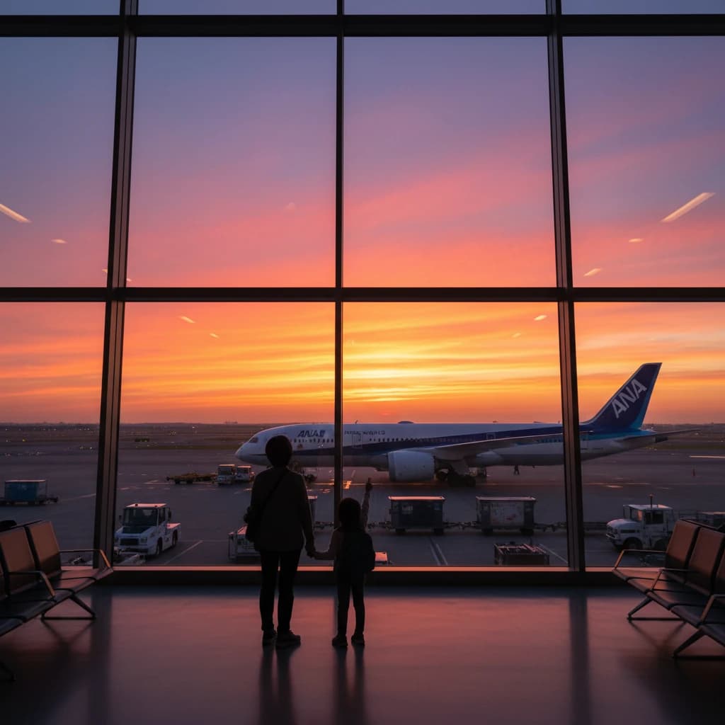 夕暮れ時のホノルル空港、搭乗ゲートの向こうに駐機する大型旅客機