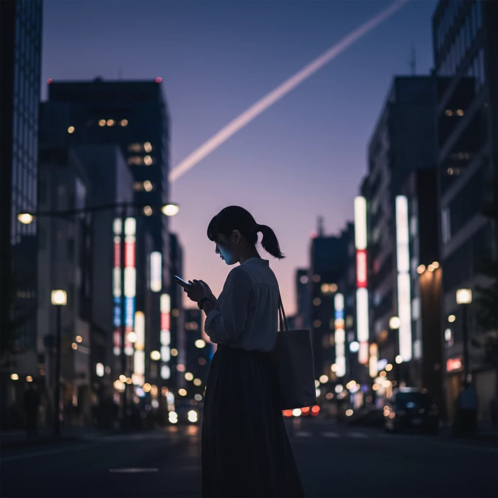 バイト帰りの夜道、スマホで航空券を眺める学生の後ろ姿