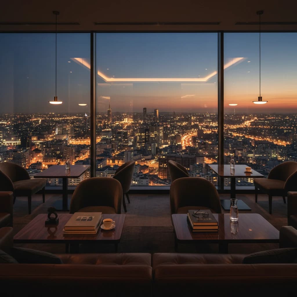 都会の夜景を背景にした落ち着いたラウンジ