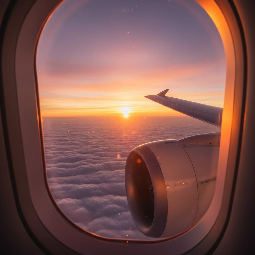 夕焼けの雲海の上を飛ぶ飛行機の翼とエンジンの景色