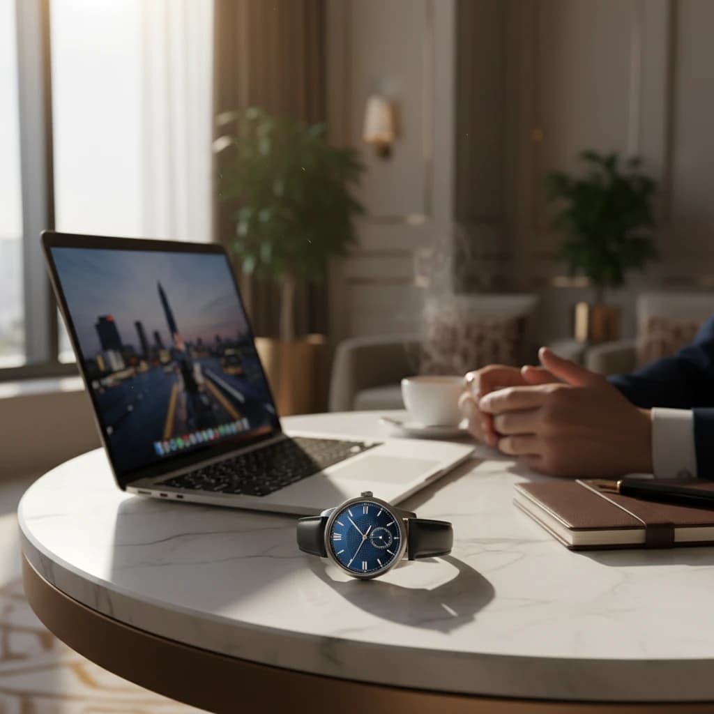 高級感のあるデスクに置かれた精密な機械式時計とノートPC