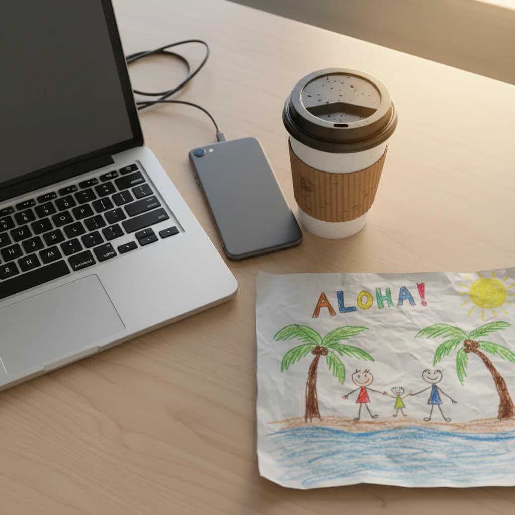 デスクに置かれたコーヒーと、ハワイの風景が描かれた一枚の絵