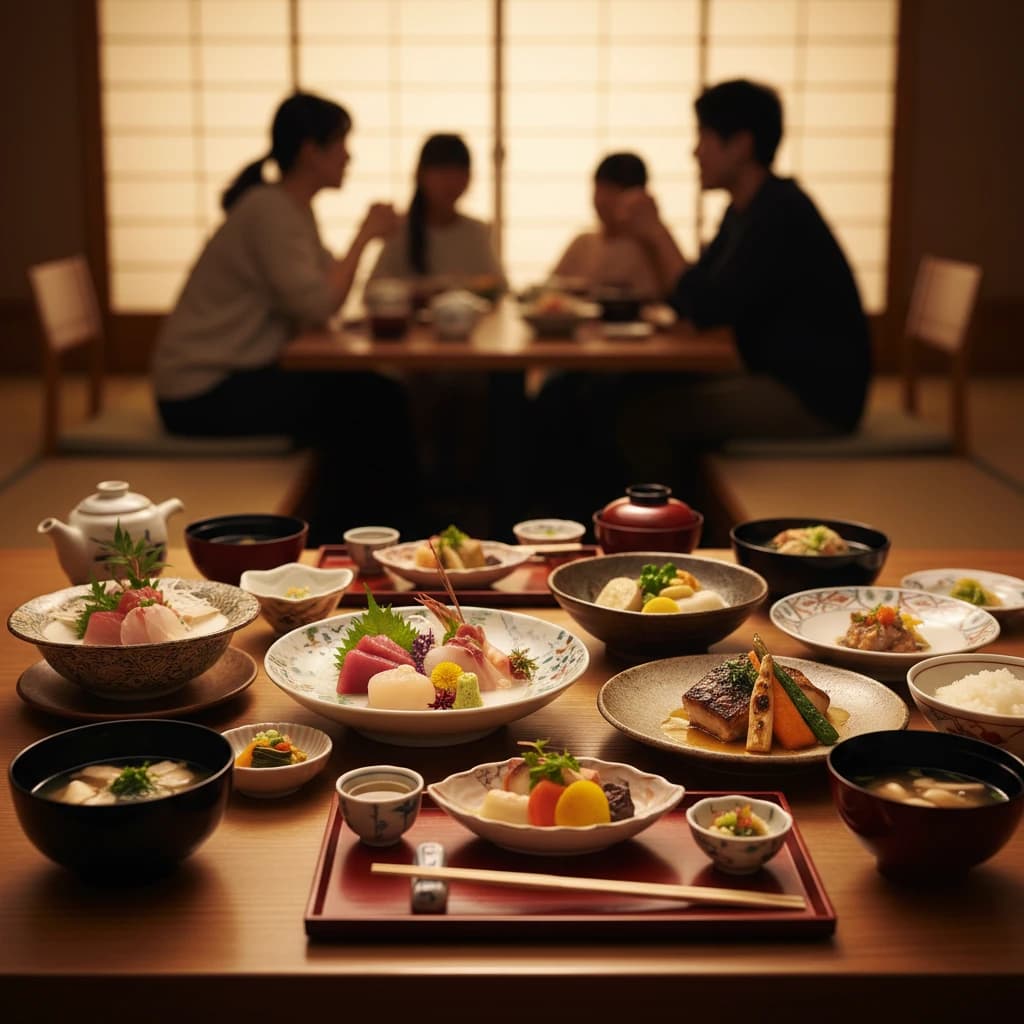 温かい光に包まれたレストランでの食事風景(料理にピント)